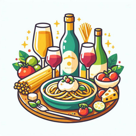 Italian food vector illustration. Italian food with pasta, cheese and wineのイラスト素材