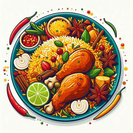 Illustration of chicken leg with rice, spices, herbs and vegetablesのイラスト素材