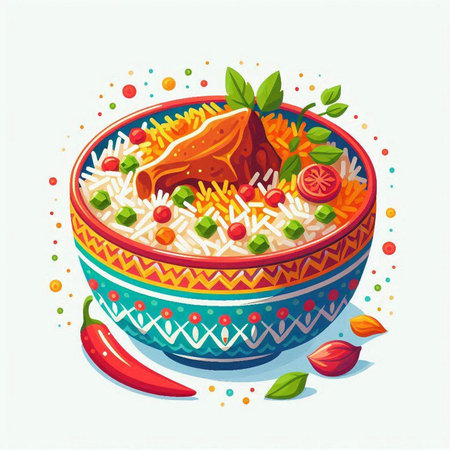 Rice with chicken and vegetables in a bowl. Vector illustration.のイラスト素材