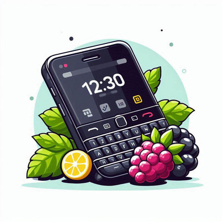 Mobile phone with blackberry, lemon and raspberry. Vector illustration.のイラスト素材