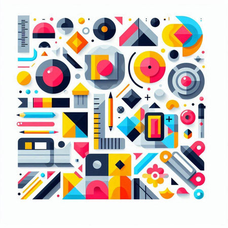 Geometric shapes and figures on white background. Vector illustration in flat styleのイラスト素材