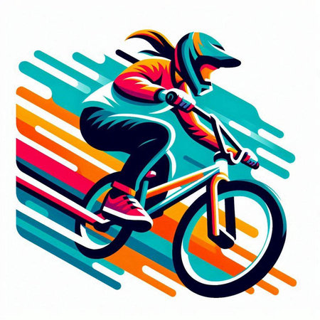 Bicyclist riding a bicycle on a colorful background. Vector illustration.のイラスト素材
