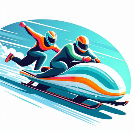 Vector illustration of two snowboarders riding on a snowmobile.のイラスト素材