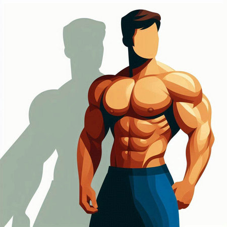 Vector illustration of a bodybuilder posing in front of a group of peopleのイラスト素材