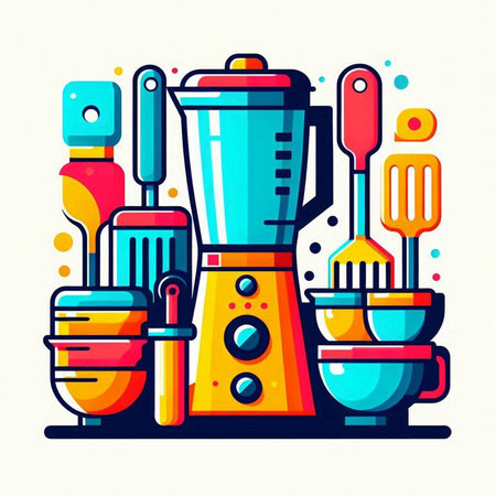 Kitchen utensils and blender. Vector illustration in flat style.のイラスト素材