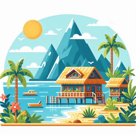 Landscape with sea, mountains and bungalows. Vector illustrationのイラスト素材