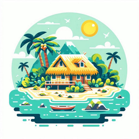 Beautiful tropical island with palm trees and bungalows. Flat vector illustration.のイラスト素材