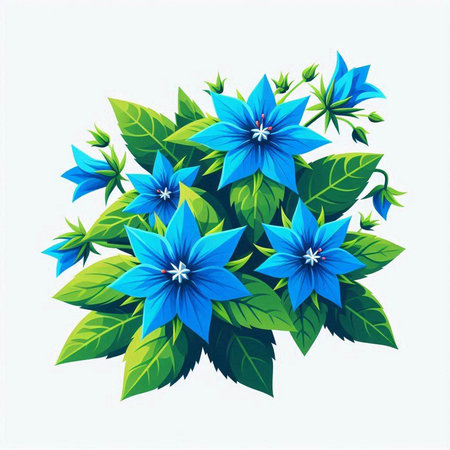 Blue flowers with green leaves isolated on white background. Vector illustration.のイラスト素材