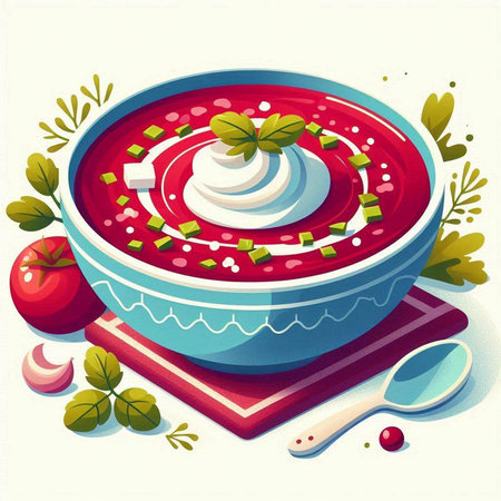 Vector illustration of a bowl of soup with sour cream and cherriesのイラスト素材