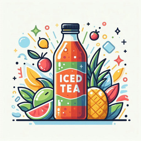 Colorful vector illustration of a bottle of fruit juice with fruits.のイラスト素材
