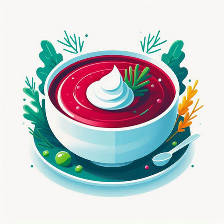 Bowl of borscht with sour cream. Vector illustration.のイラスト素材