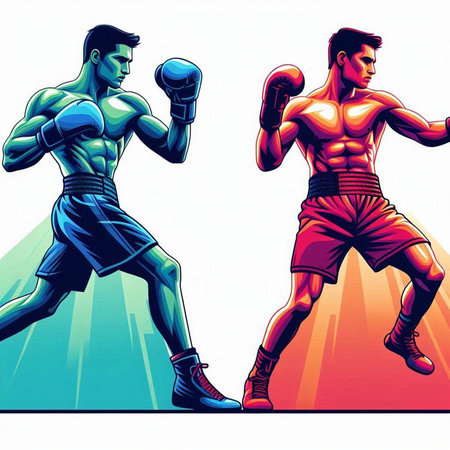 Boxing men in red and blue sportswear vector illustration.のイラスト素材