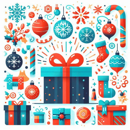 Set of Christmas and New Year elements with gift boxes, ribbons, snowflakes, balls. Vector illustration.のイラスト素材