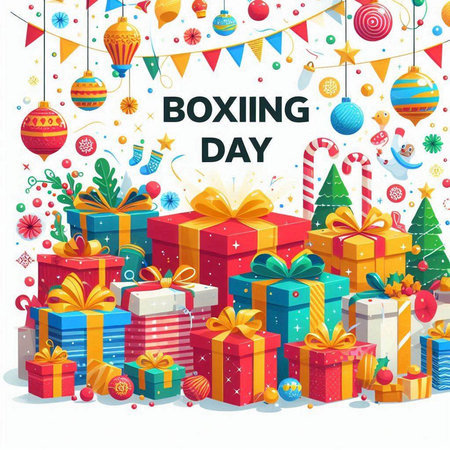 Boxing Day banner with gifts. Vector illustration in cartoon style.のイラスト素材