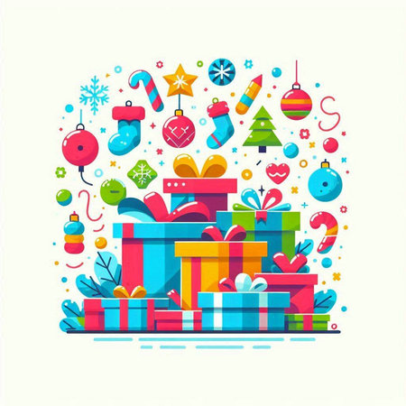Christmas card with gift boxes. Vector illustration in flat cartoon style.のイラスト素材