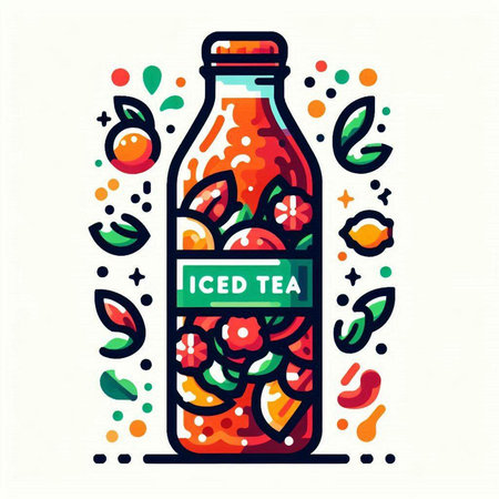 Vector illustration of a bottle of cherry juice with fruits and leaves.のイラスト素材