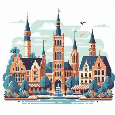 Amsterdam, Netherlands. Vector illustration in flat style. City landscape.のイラスト素材