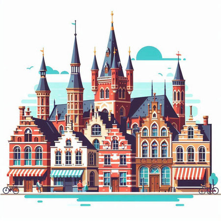 Cityscape of Amsterdam, Holland. Vector illustration in flat style.のイラスト素材