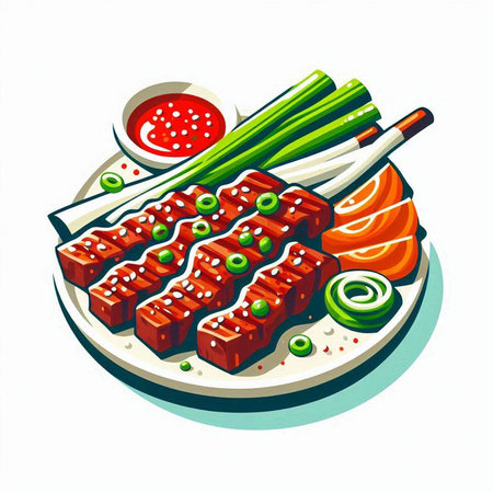 Illustration of japanese food on a plate with chopsticksのイラスト素材