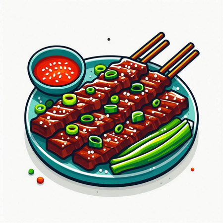 Illustration of grilled meat with soy sauce and vegetables on a plateのイラスト素材