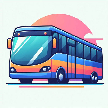 Vector illustration of a bus on a background of the sunset. Flat styleのイラスト素材
