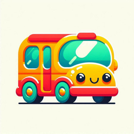 Cute yellow school bus with smiley face. Vector illustration.のイラスト素材