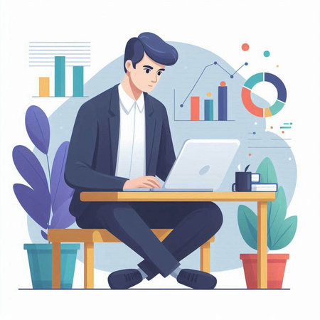 Businessman sitting at the table and working on laptop, vector illustrationのイラスト素材