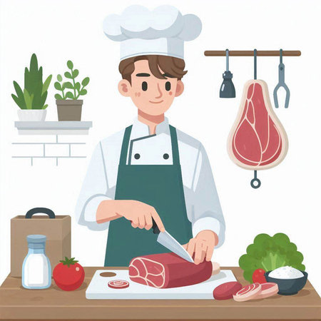 Illustration of a Male Chef Preparing Meat on a Cutting Boardのイラスト素材