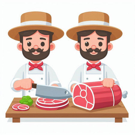 Butcher and butcher with meat on the table. Vector illustration.のイラスト素材
