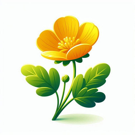 Illustration of a yellow flower with green leaves on a white backgroundのイラスト素材