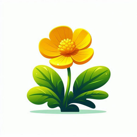 Cute yellow flower with green leaves isolated on white background. Vector illustration.のイラスト素材