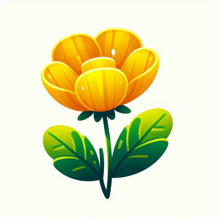 Beautiful yellow flower with green leaves isolated on white background. Vector illustration.のイラスト素材