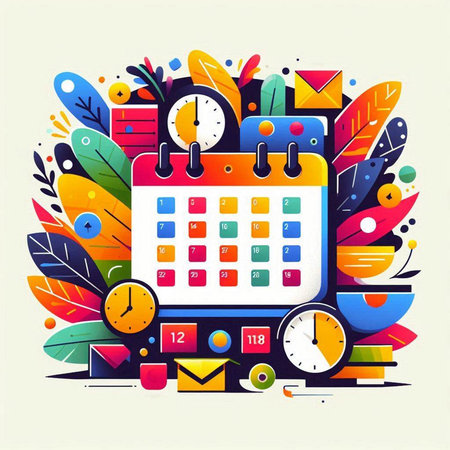 Time management concept, vector illustration in flat design style. Calendar, clock, stationery, office supplies.のイラスト素材
