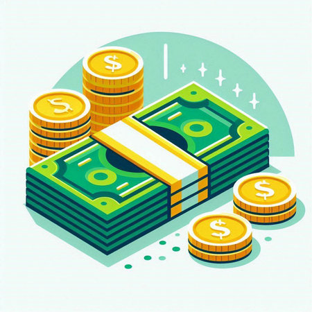 Money isometric concept. Stack of dollars and coins. Vector illustration.のイラスト素材