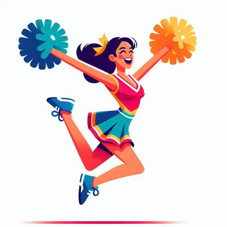 Cheerleader with pompoms jumping. Cheerleader vector illustrationのイラスト素材