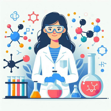 Scientist woman working in laboratory. Vector illustration in flat style.のイラスト素材