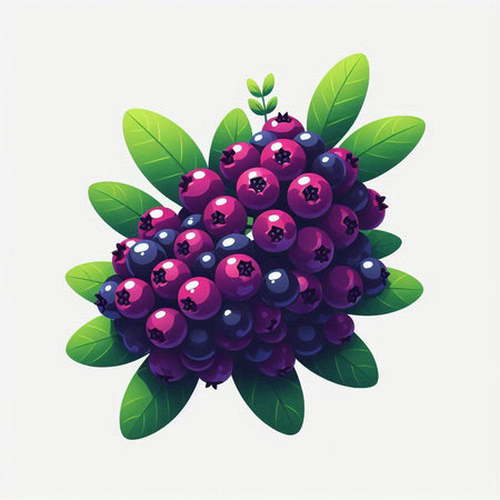 Bunch of ripe blueberries with green leaves. Vector illustration.のイラスト素材