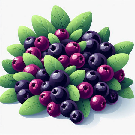 Vector illustration of fresh blueberries with green leaves on white background.のイラスト素材