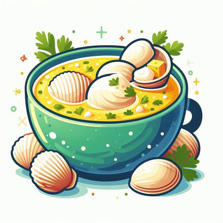 Illustration of a bowl of soup with clams and parsleyのイラスト素材