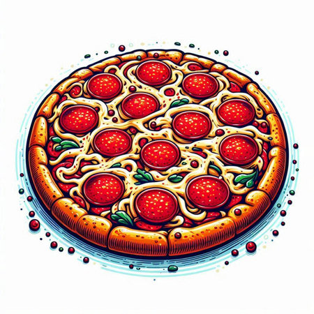 Pizza with cheese and salami. Ink and watercolor drawingのイラスト素材