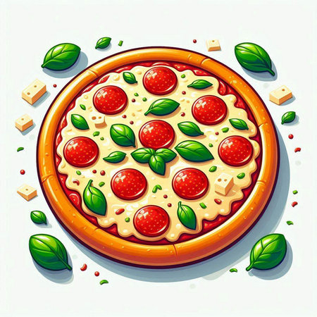 Illustration of a pizza with mozzarella cheese, tomato and basilのイラスト素材