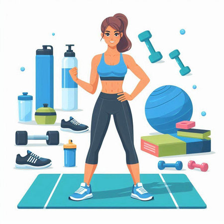 Fitness woman doing exercises with dumbbells and yoga ball. Vector illustration in cartoon styleのイラスト素材