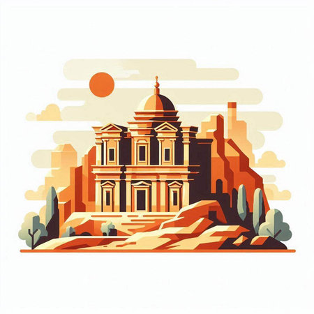 Ancient temple in the desert. Landmark of Egypt. Colorful vector illustration.のイラスト素材