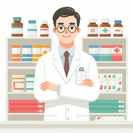 Male pharmacist standing in front of shelves full of medicines. Vector illustration.のイラスト素材