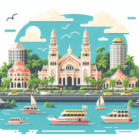 Seaside cityscape of Singapore. Vector illustration in flat styleのイラスト素材