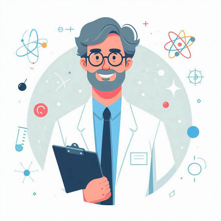 Scientist in white coat and glasses with clipboard. Vector illustration.のイラスト素材