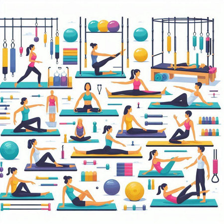 Fitness, sport and healthy lifestyle flat icons set with woman doing pilates exercises isolated vector illustrationのイラスト素材