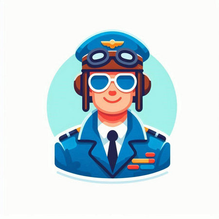 Pilot flat vector illustration. Pilot in blue uniform and glasses.のイラスト素材