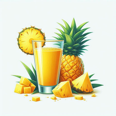 Vector illustration of fresh pineapple juice in a glass on a white backgroundのイラスト素材