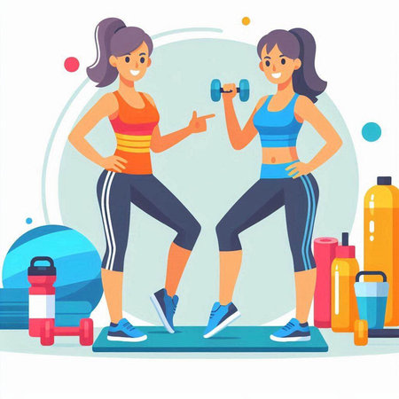 Vector illustration of two women working out with dumbbells in fitness clubのイラスト素材